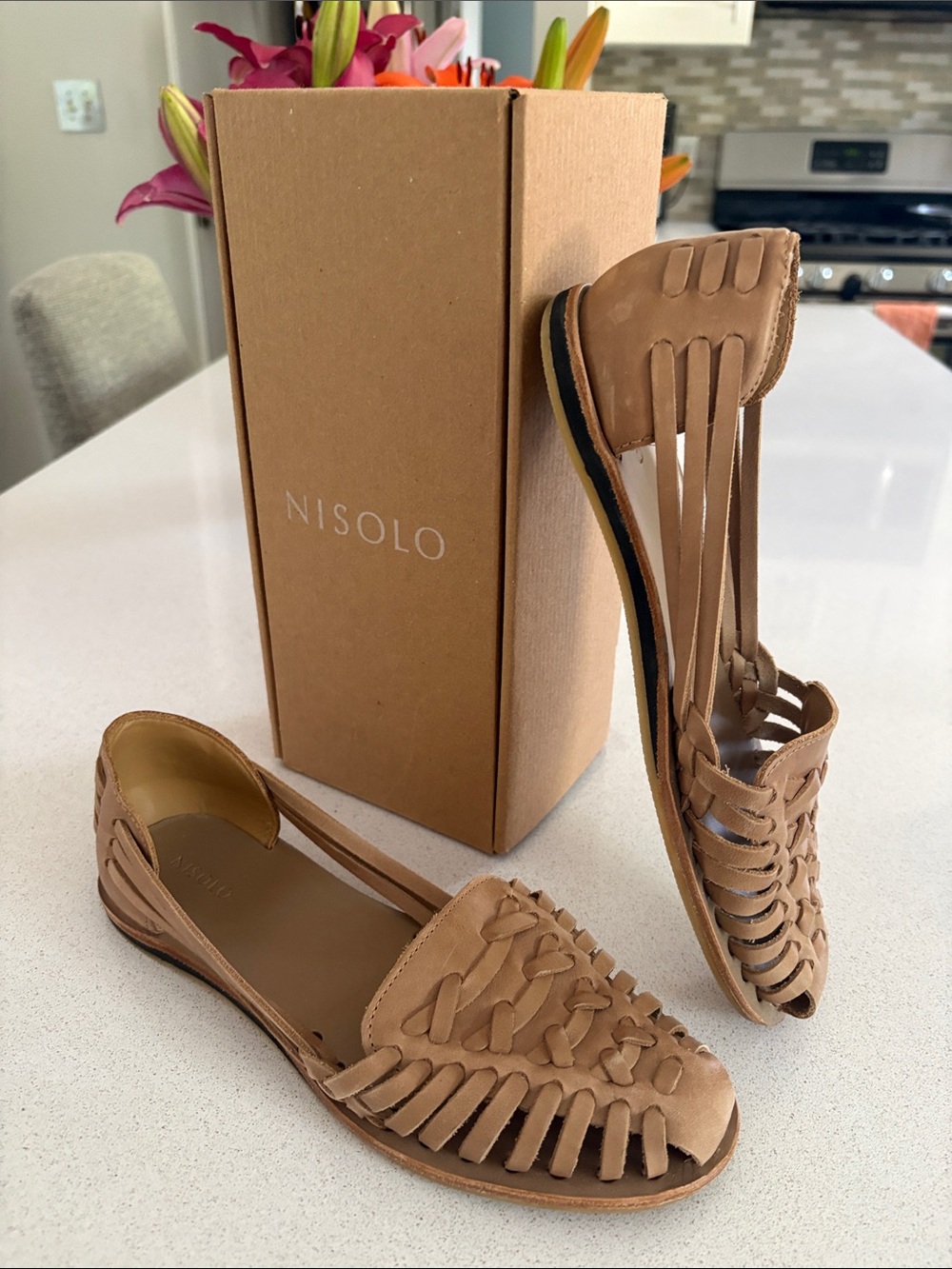Nisolo Tan Braided Leather Huarache Slingback Flats